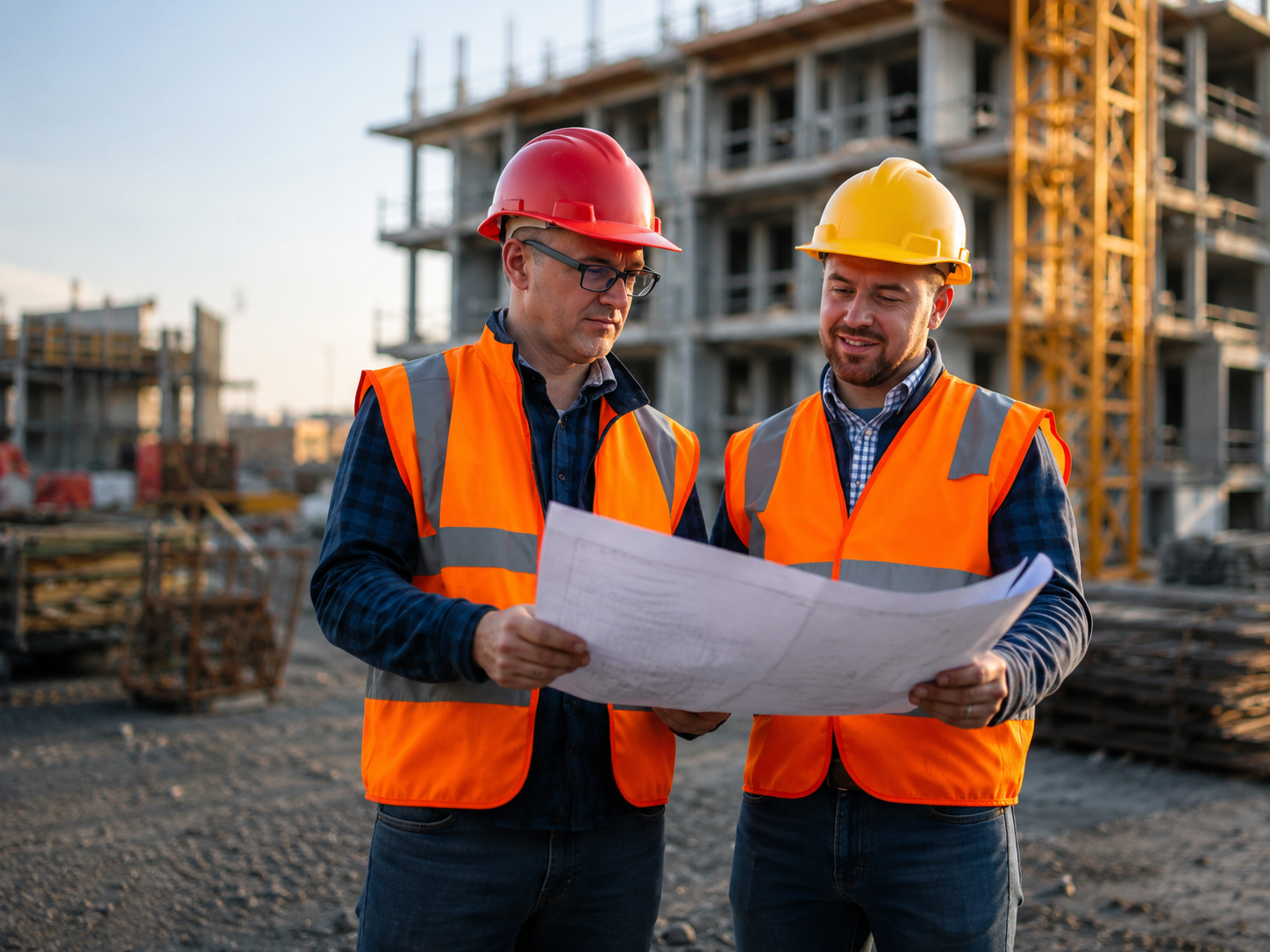 Construction workers on a UK building site at dusk